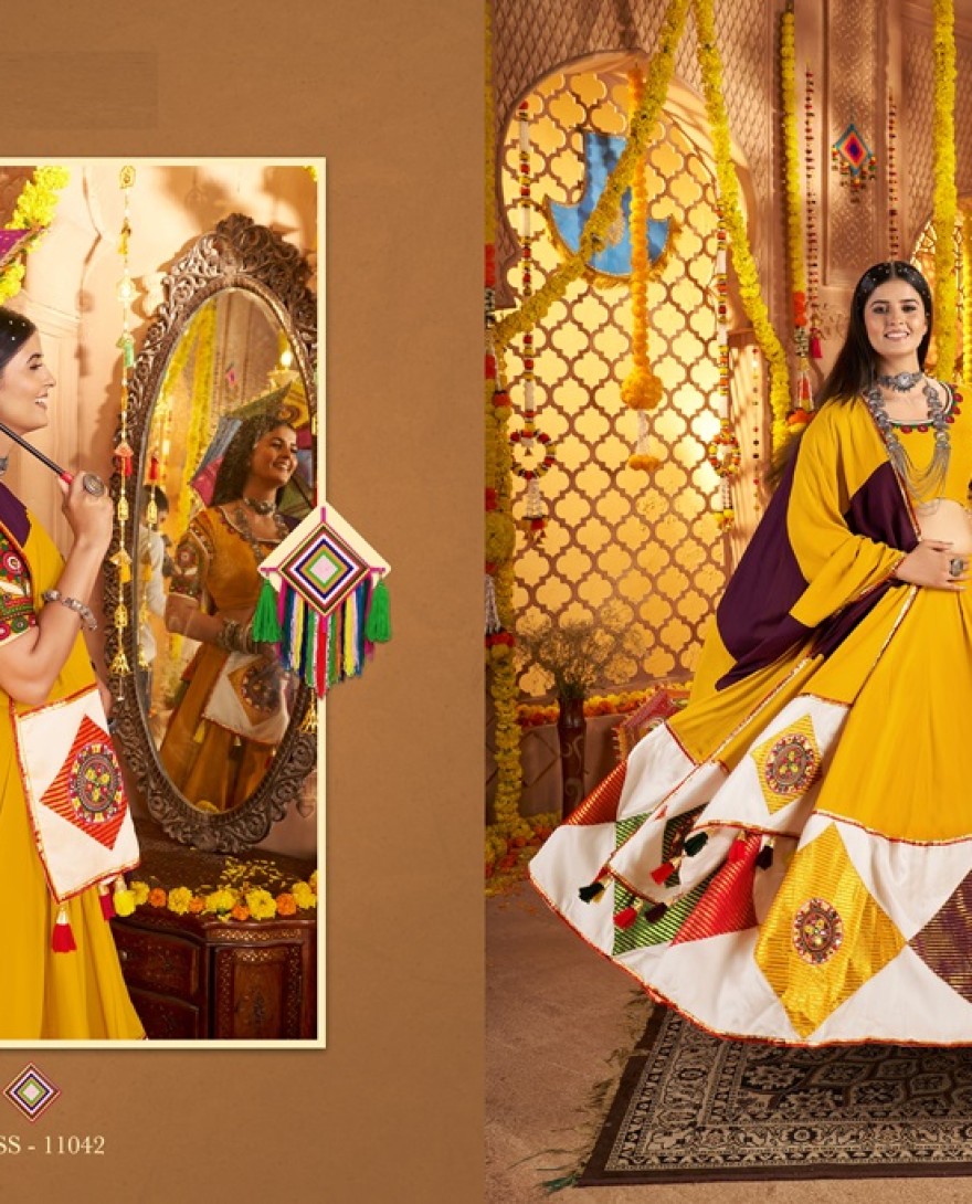 11042-yellow - Garba Elegance in Mustard Yellow Patchwork Splendor